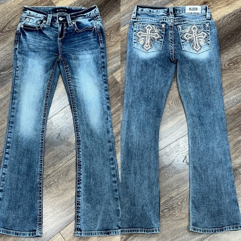 Miss Me Fleur Embellished Leather & Rhinestone Mid Rise Boot Cut Acid Wash Jeans